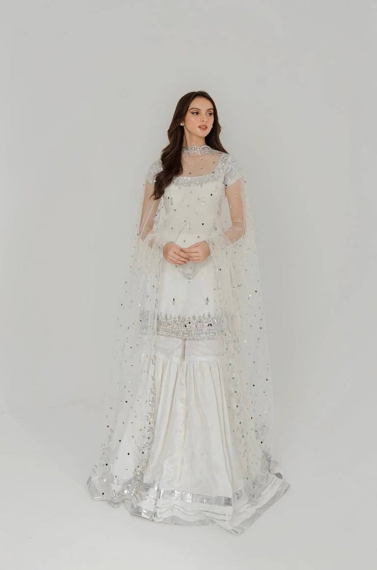 Ivory White Faux Georgette Sharara Suit with Heavy Embroidery, Sequin & Real Mirror Handwork Dupatta