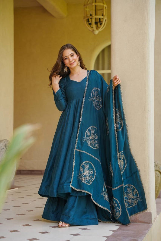 Elegant Teal Blue Designer Anarkali Dress with Palazzo & Dupatta | Designer Party Wear Ethnic Dress