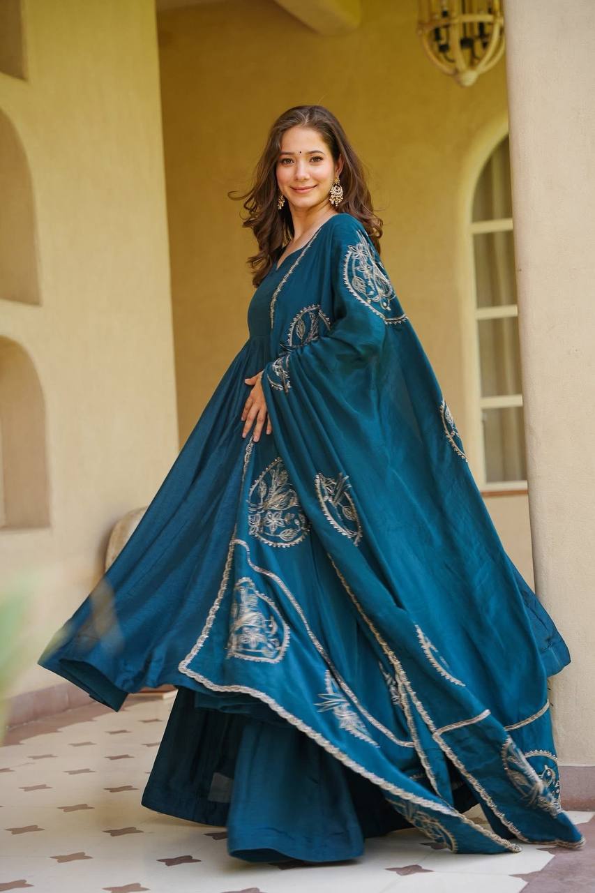 Elegant Teal Blue Designer Anarkali Dress with Palazzo & Dupatta | Designer Party Wear Ethnic Dress