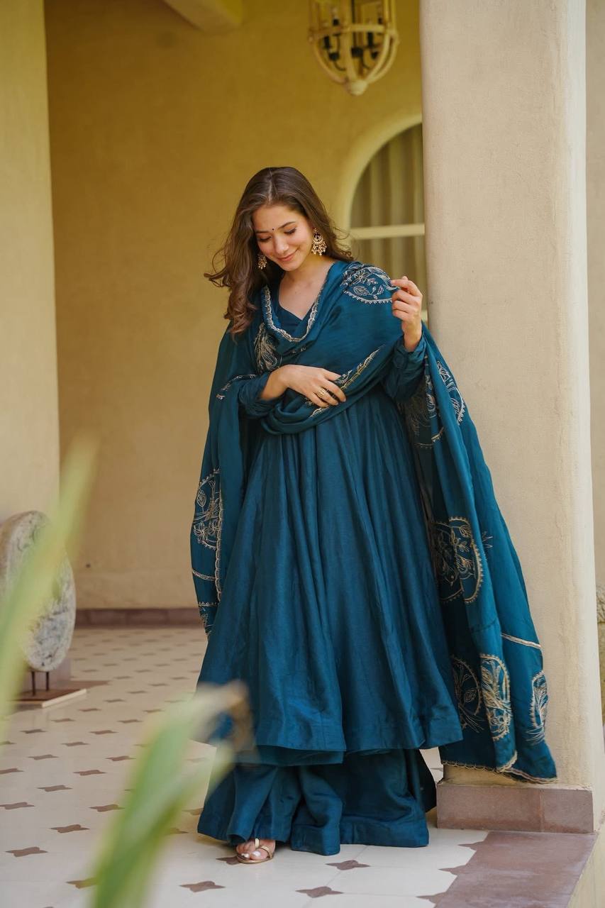 Elegant Teal Blue Designer Anarkali Dress with Palazzo & Dupatta | Designer Party Wear Ethnic Dress