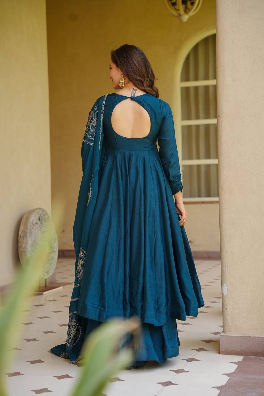 Elegant Teal Blue Designer Anarkali Dress with Palazzo & Dupatta | Designer Party Wear Ethnic Dress