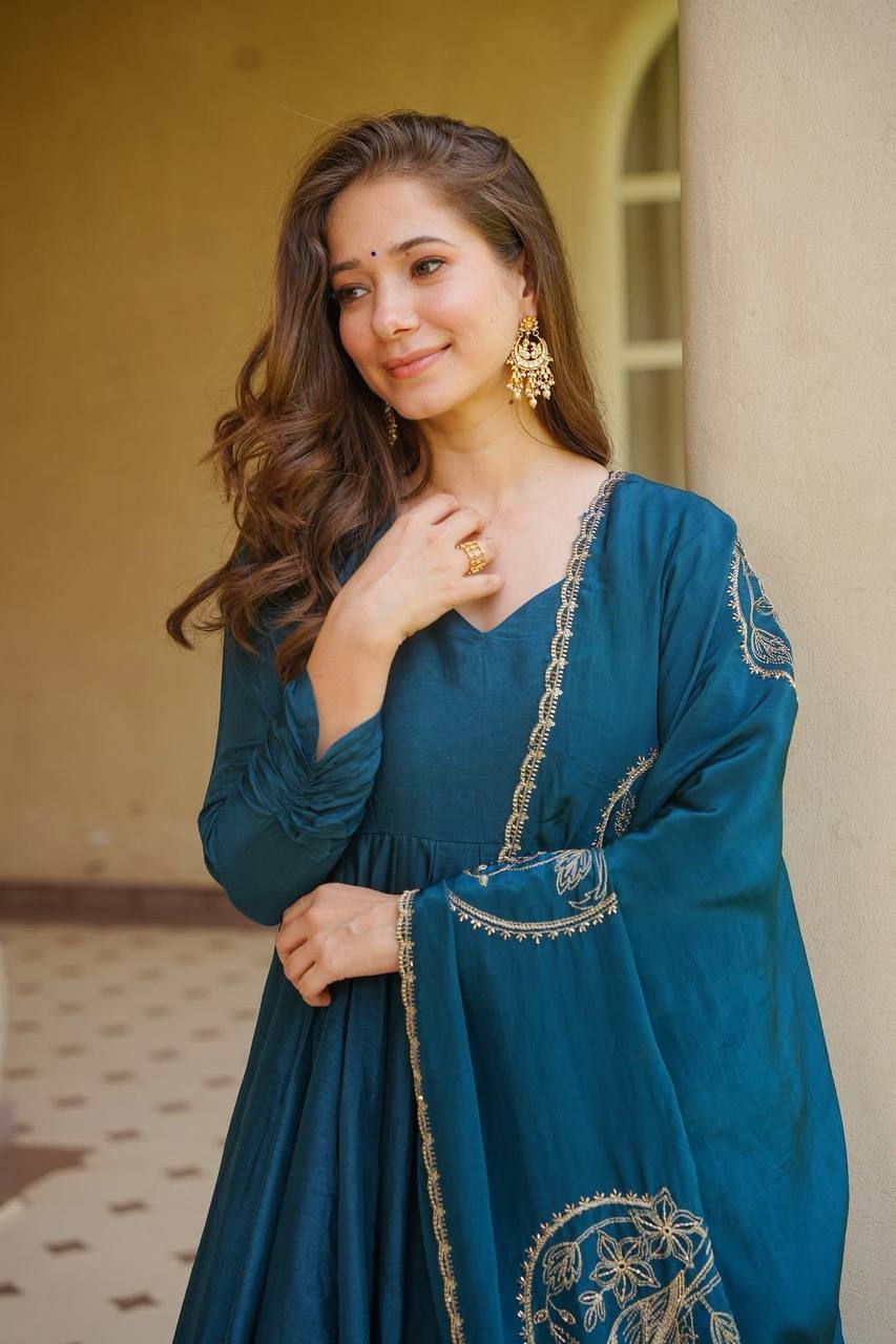 Elegant Teal Blue Designer Anarkali Dress with Palazzo & Dupatta | Designer Party Wear Ethnic Dress