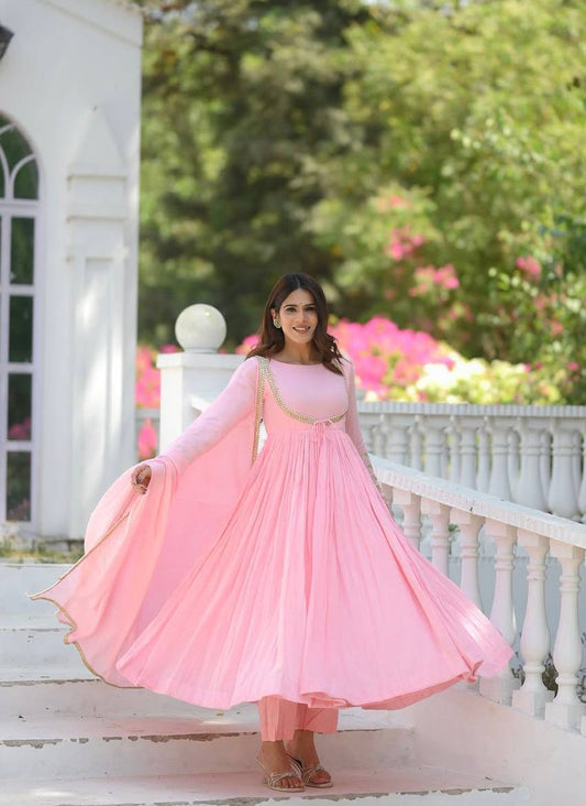 Designer Party Wear Baby Pink NC Vichitra Silk Anarkali Suit Set with Pant & Fancy Lace Dupatta
