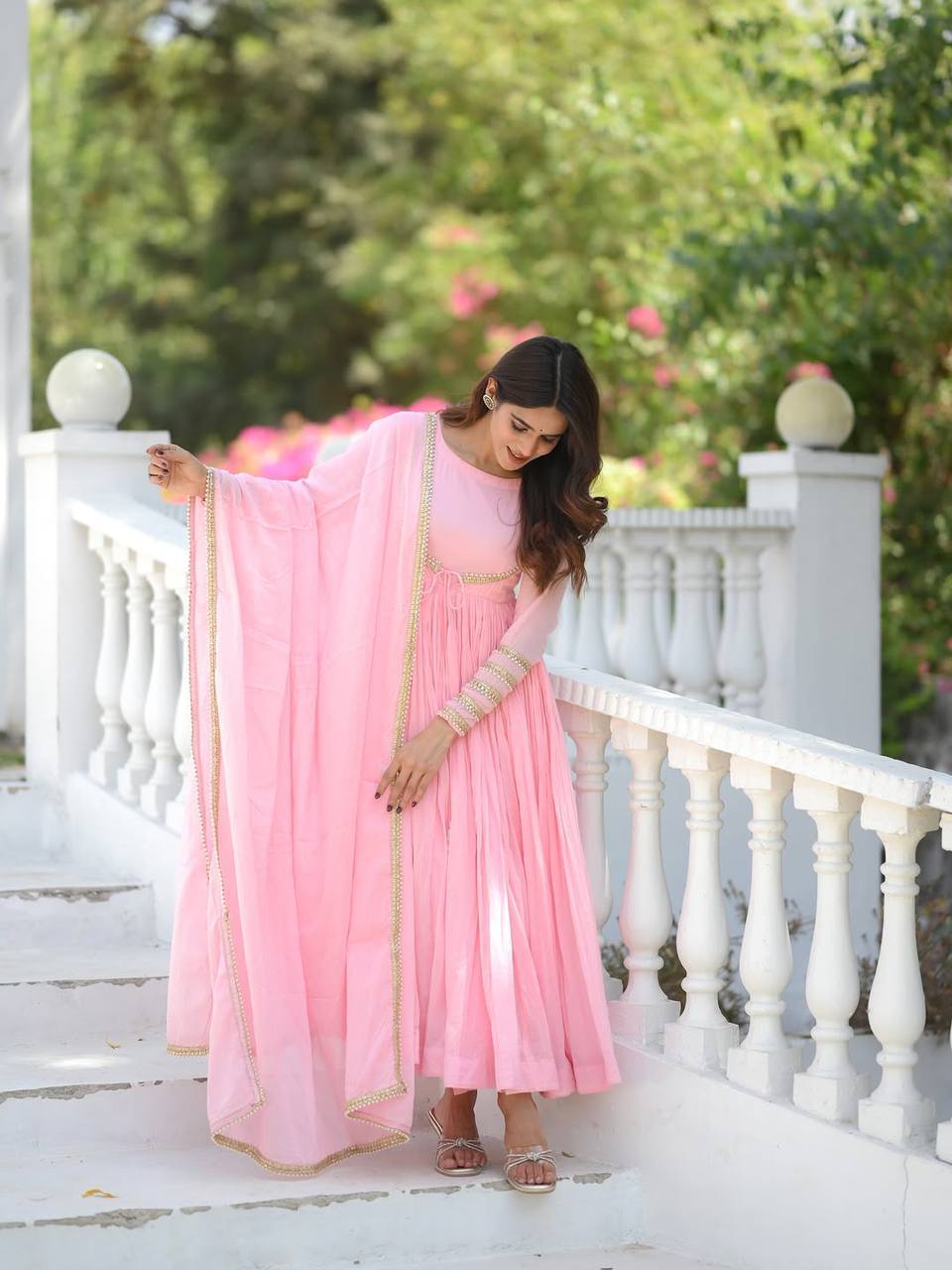 Designer Party Wear Baby Pink NC Vichitra Silk Anarkali Suit Set with Pant & Fancy Lace Dupatta