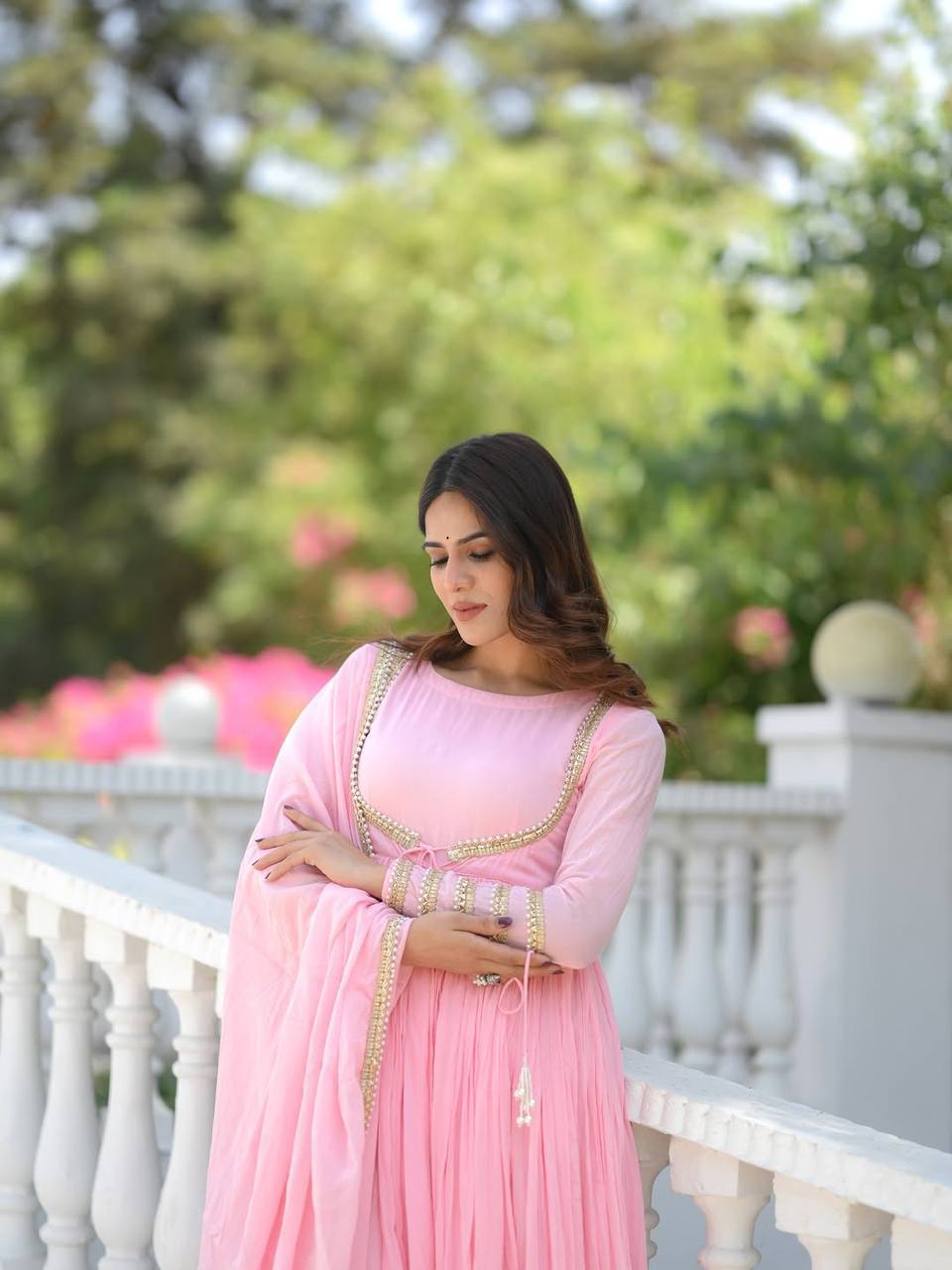 Designer Party Wear Baby Pink NC Vichitra Silk Anarkali Suit Set with Pant & Fancy Lace Dupatta