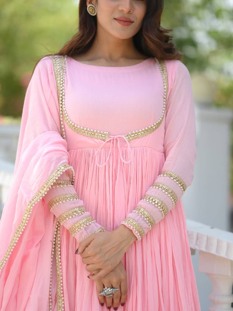 Designer Party Wear Baby Pink NC Vichitra Silk Anarkali Suit Set with Pant & Fancy Lace Dupatta