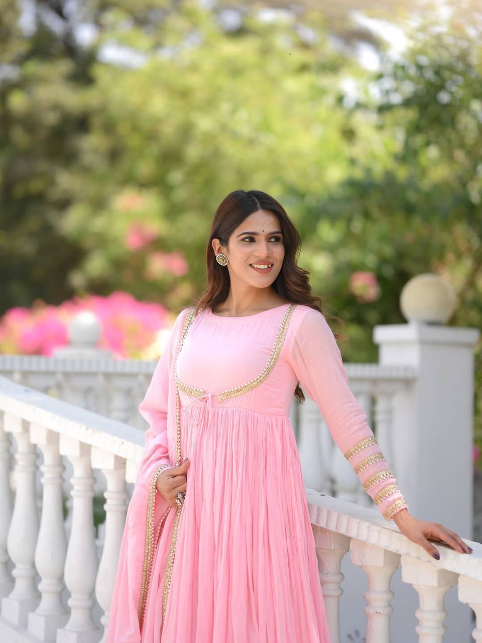 Designer Party Wear Baby Pink NC Vichitra Silk Anarkali Suit Set with Pant & Fancy Lace Dupatta