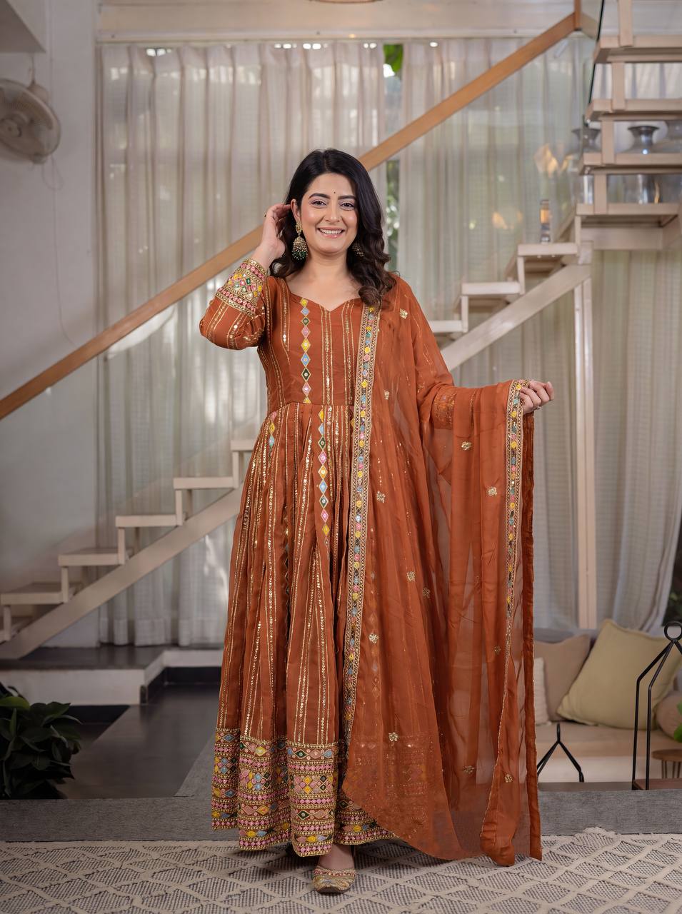 Wedding & Festive Wear Rust Brown Embroidered Anarkali Suit Set with Dupatta for Women .