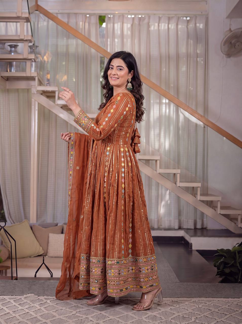 Wedding & Festive Wear Rust Brown Embroidered Anarkali Suit Set with Dupatta for Women .