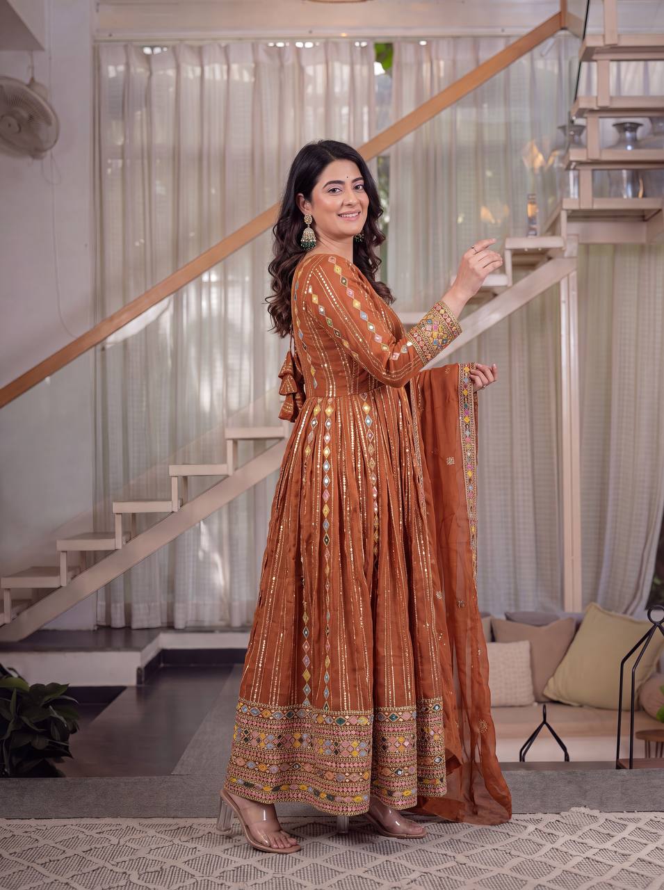 Wedding & Festive Wear Rust Brown Embroidered Anarkali Suit Set with Dupatta for Women .