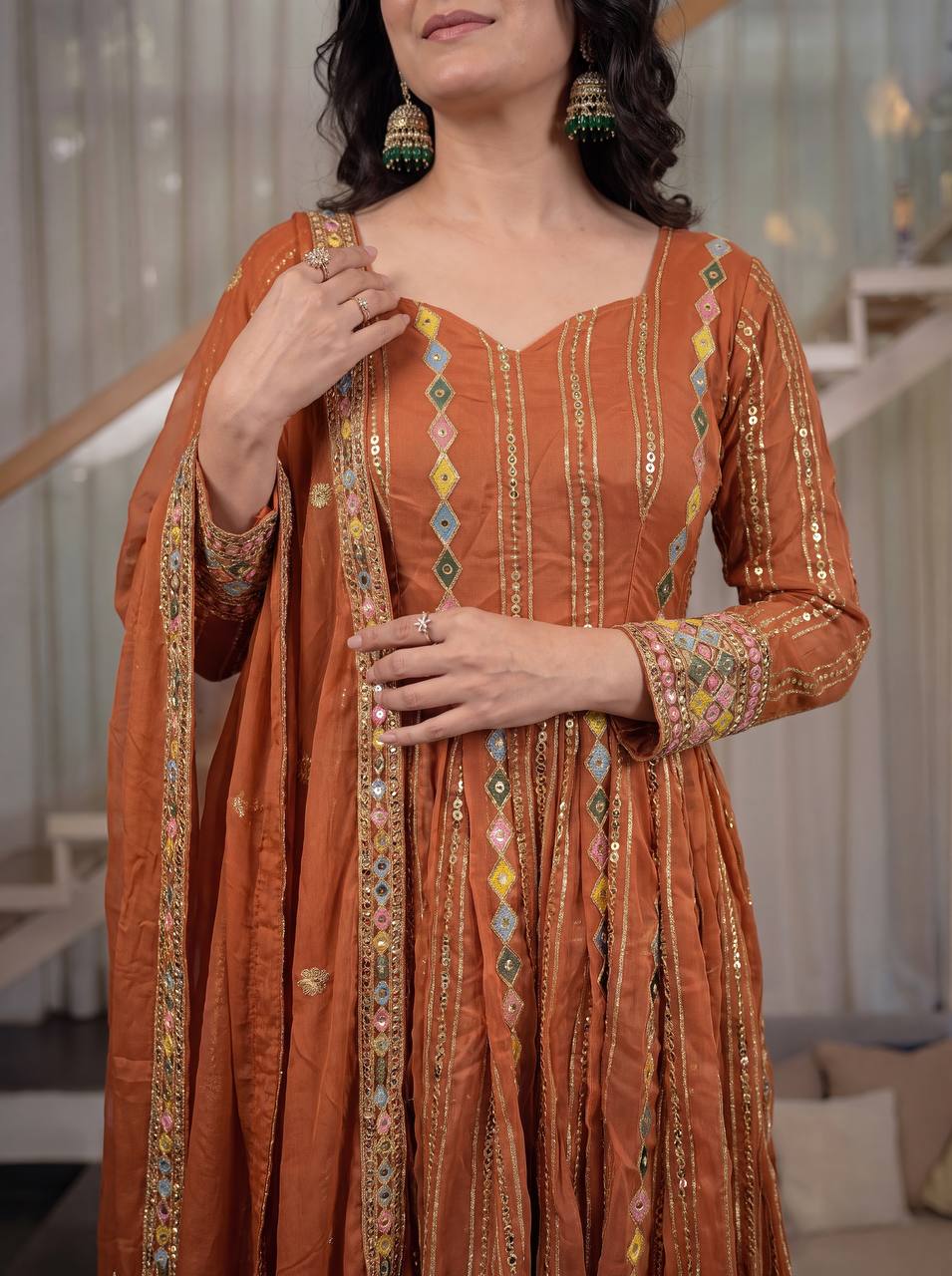 Wedding & Festive Wear Rust Brown Embroidered Anarkali Suit Set with Dupatta for Women .