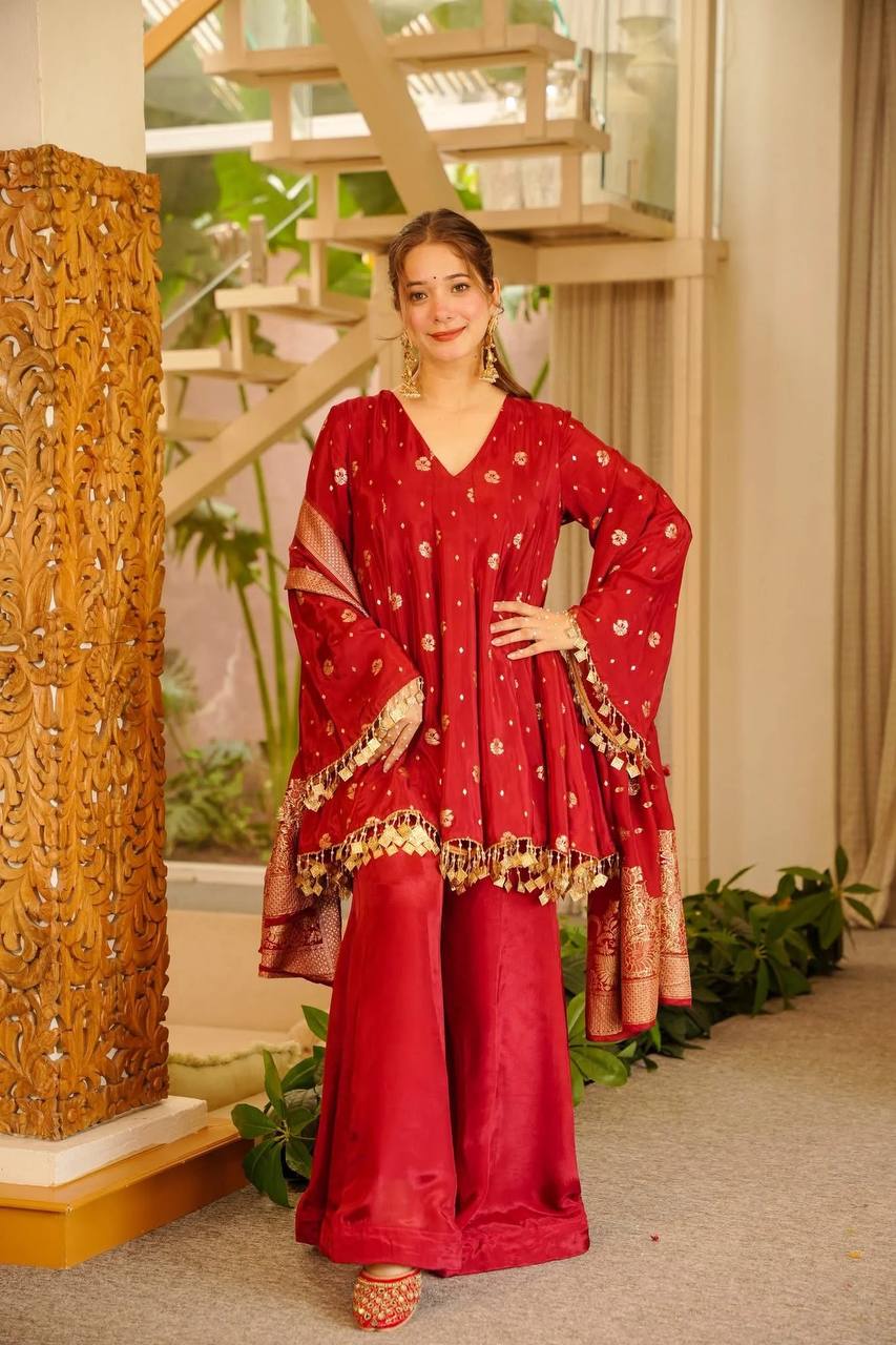Red Satin Silk Straight Kurta Palazzo Set with Woven Dupatta for Wedding & Party Wear
