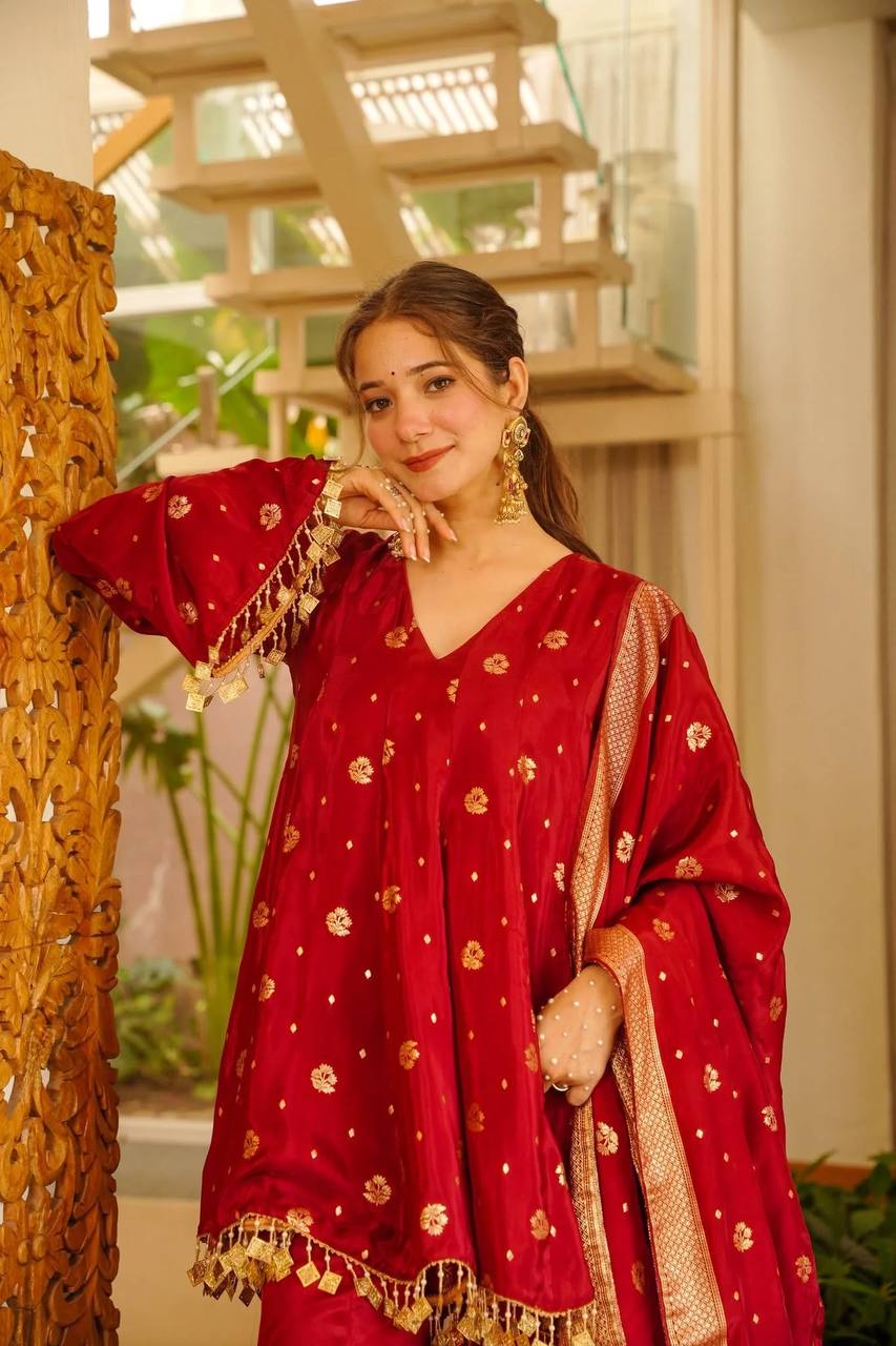 Red Satin Silk Straight Kurta Palazzo Set with Woven Dupatta for Wedding & Party Wear
