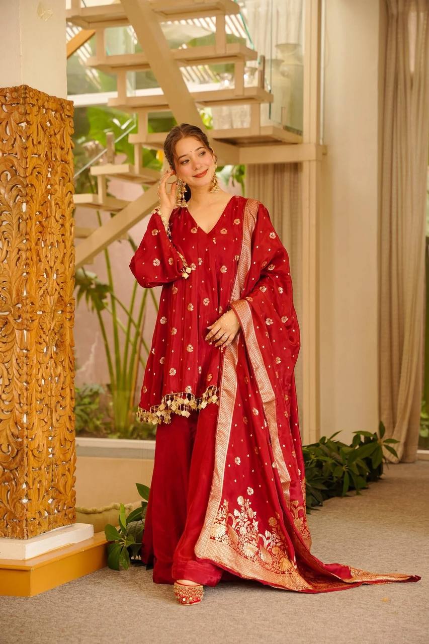 Red Satin Silk Straight Kurta Palazzo Set with Woven Dupatta for Wedding & Party Wear
