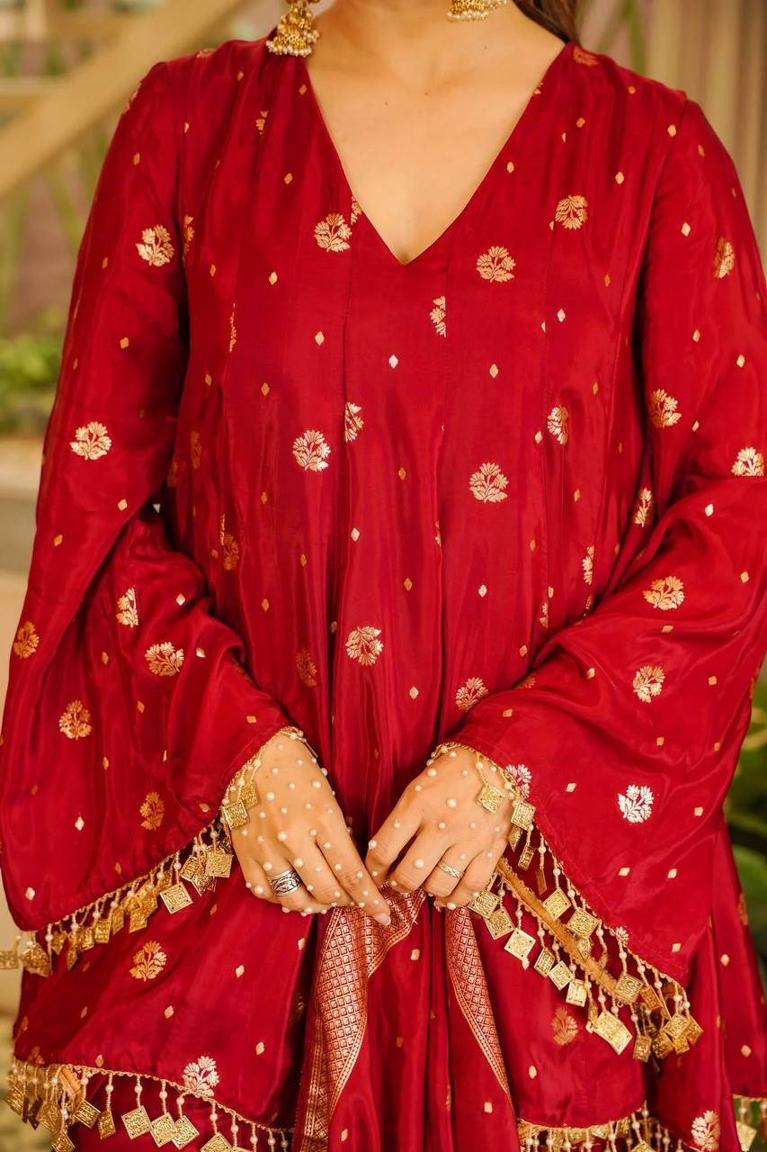 Red Satin Silk Straight Kurta Palazzo Set with Woven Dupatta for Wedding & Party Wear