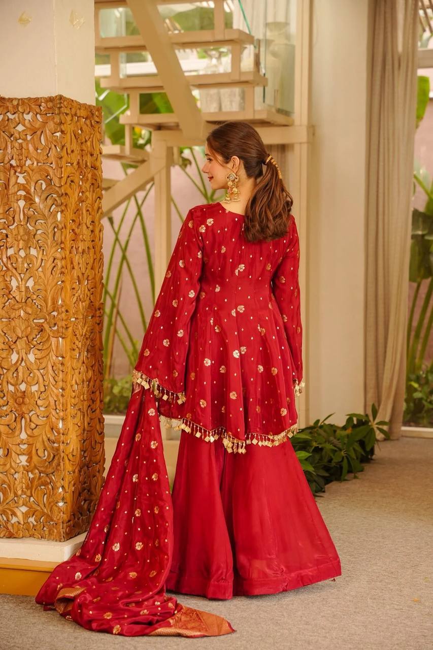 Red Satin Silk Straight Kurta Palazzo Set with Woven Dupatta for Wedding & Party Wear