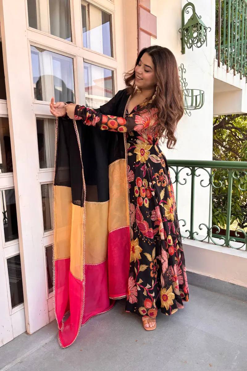 Black Tabby Organza Anarkali Gown with Floral Digital Print & Dupatta | Festive Party Wear