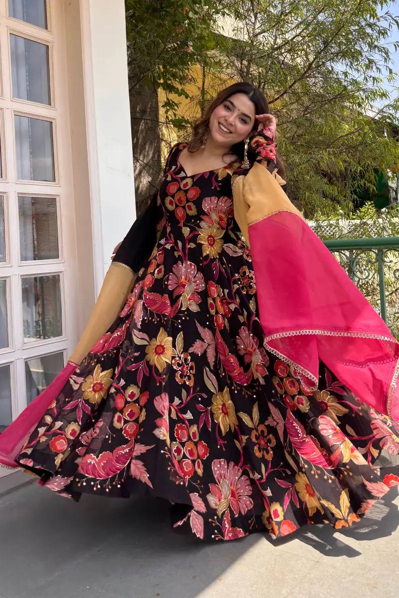 Black Tabby Organza Anarkali Gown with Floral Digital Print & Dupatta | Festive Party Wear