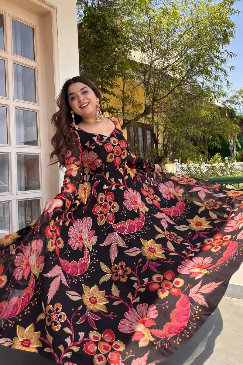 Black Tabby Organza Anarkali Gown with Floral Digital Print & Dupatta | Festive Party Wear