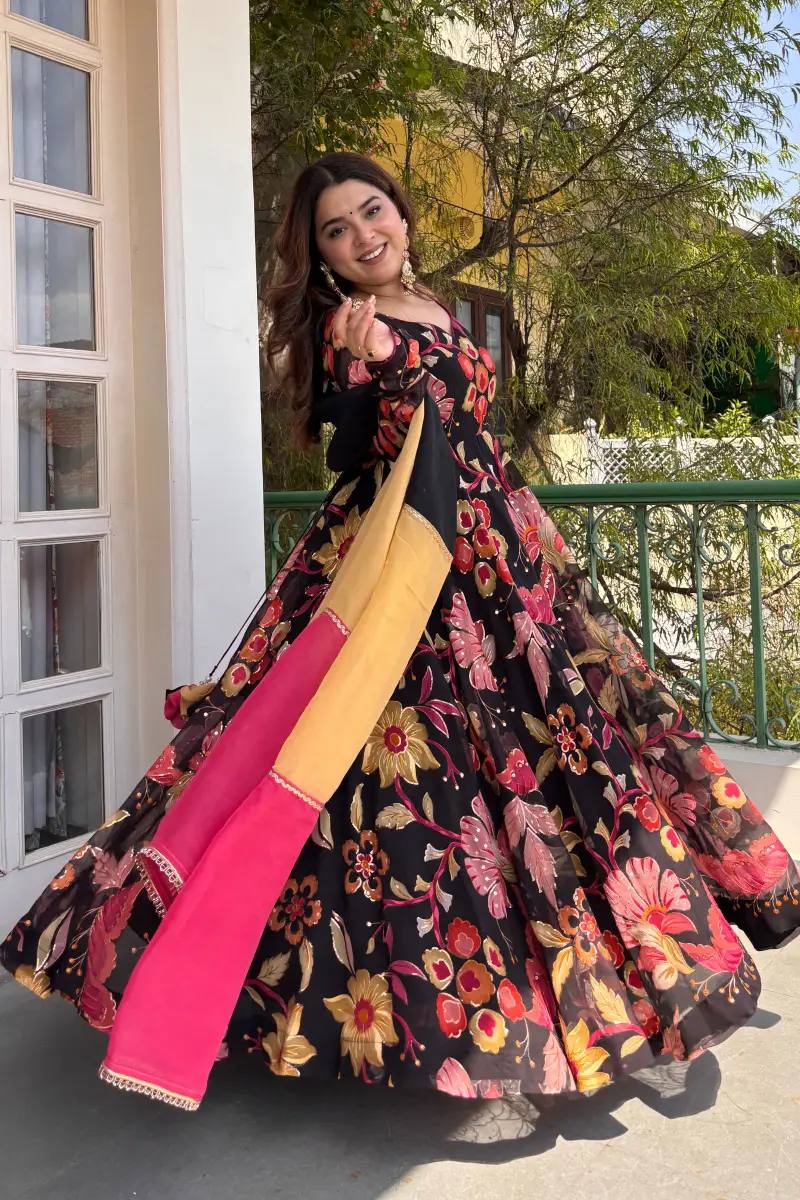 Black Tabby Organza Anarkali Gown with Floral Digital Print & Dupatta | Festive Party Wear