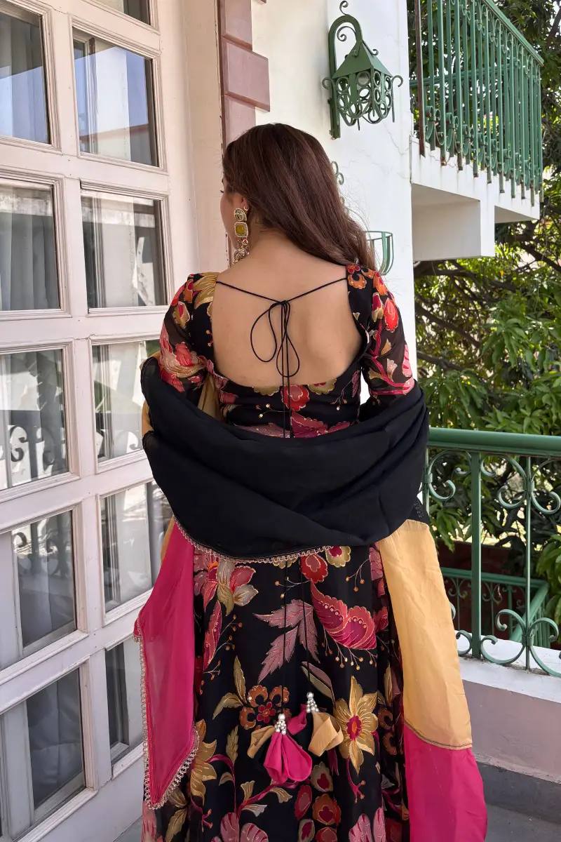 Black Tabby Organza Anarkali Gown with Floral Digital Print & Dupatta | Festive Party Wear