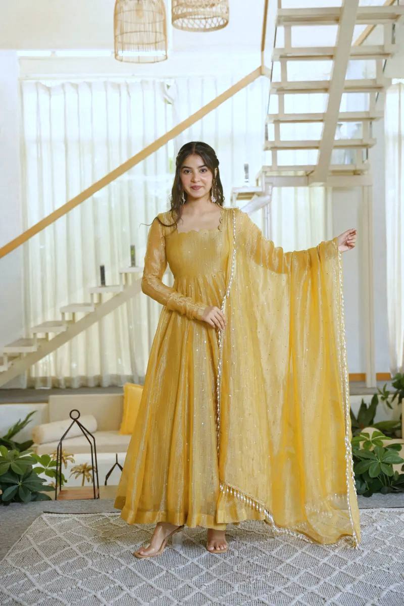 Mustard Yellow Foil Work Anarkali Suit Set | Women’s Wedding & Festive Wear