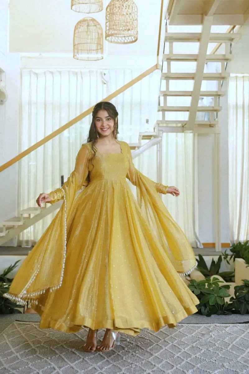 Mustard Yellow Foil Work Anarkali Suit Set | Women’s Wedding & Festive Wear