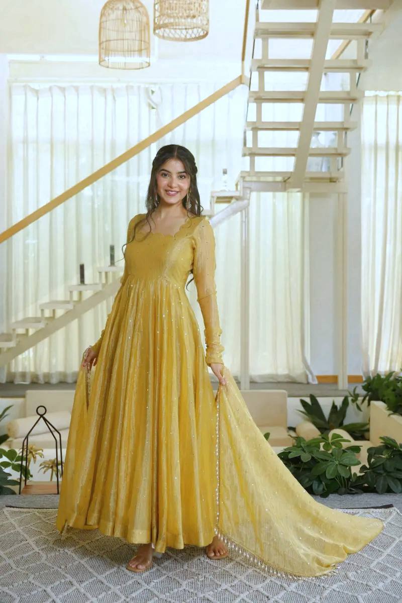 Mustard Yellow Foil Work Anarkali Suit Set | Women’s Wedding & Festive Wear