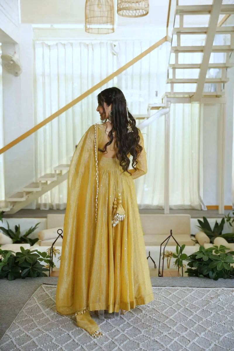 Mustard Yellow Foil Work Anarkali Suit Set | Women’s Wedding & Festive Wear