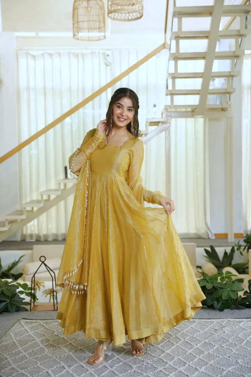 Mustard Yellow Foil Work Anarkali Suit Set | Women’s Wedding & Festive Wear