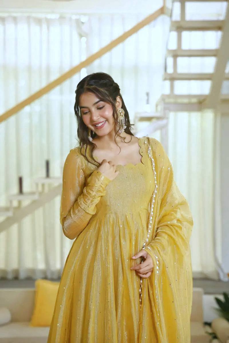 Mustard Yellow Foil Work Anarkali Suit Set | Women’s Wedding & Festive Wear