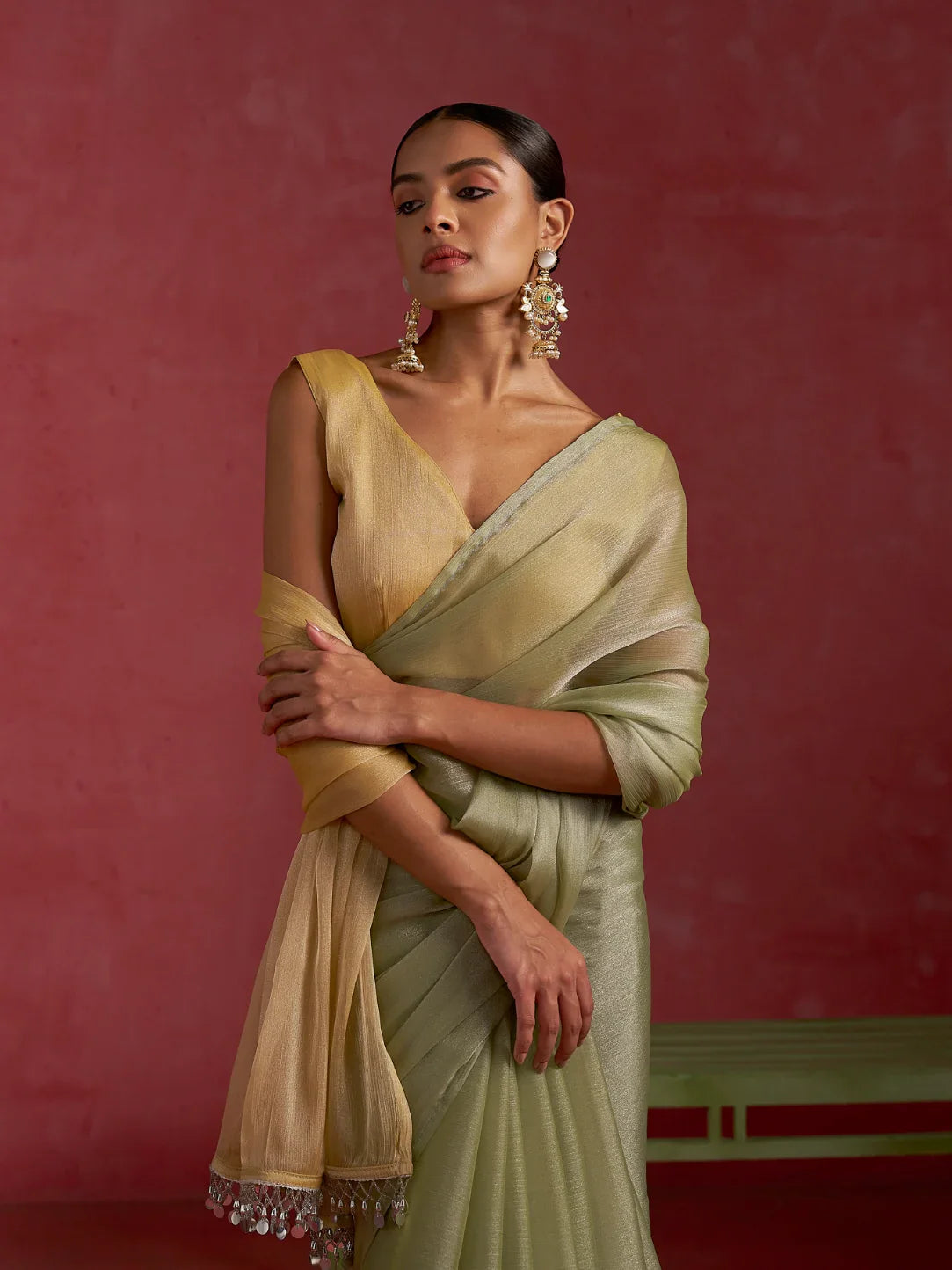 Partywear designer pista yellow chiffon saree for woman
