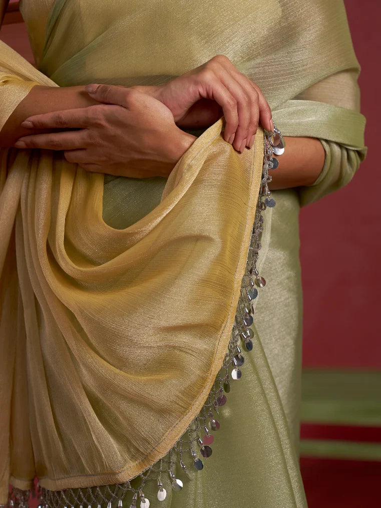 Partywear designer pista yellow chiffon saree for woman