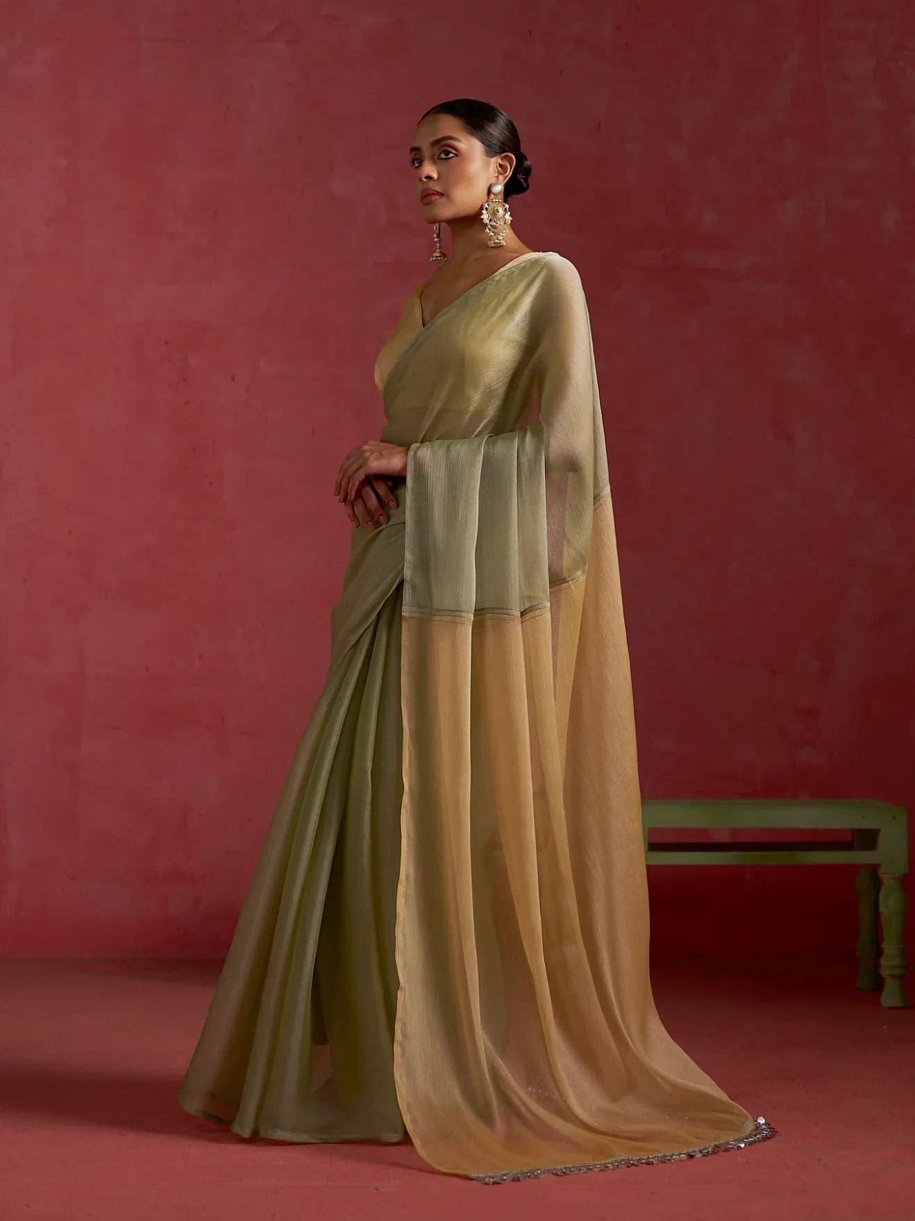Partywear designer pista yellow chiffon saree for woman