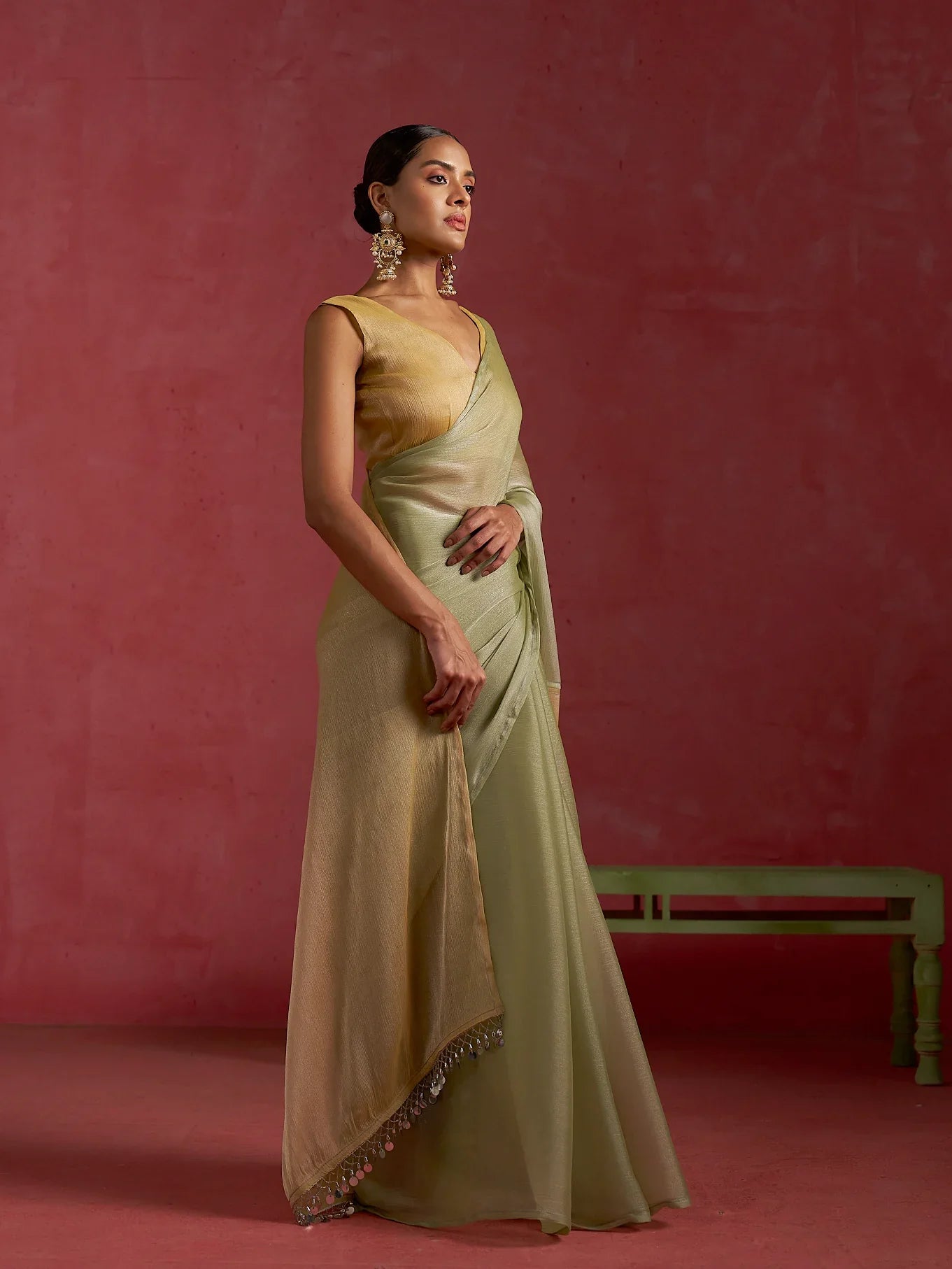 Partywear designer pista yellow chiffon saree for woman